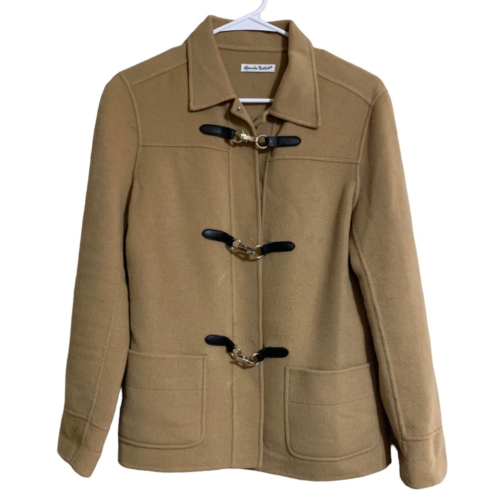 Alexandra Bartlett Tan 100% Wool Coat Clip Closure Black Trim Size Small